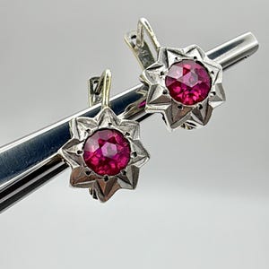 May include: A pair of silver earrings with a starburst design. Each earring features a round, deep pink gemstone set in a detailed, silver-toned frame. The earrings are displayed on a silver bar against a soft, neutral background.