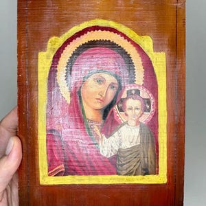 VINTAGE Ukraine 20th century Hand Painted Wood Orthodox Icon of Mothers of God.