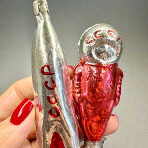 Vintage USSR Glass Christmas Ornament: Rocket and Astronaut
