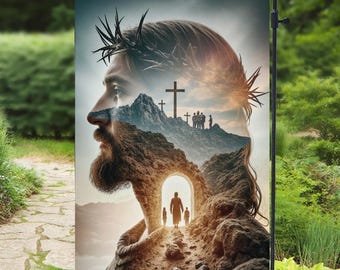 Bandera de jardín con la imagen de Jesús orando: pancarta de decoración cristiana para el hogar, pancarta religiosa para el jardín, decoración espiritual para el jardín con la imagen del Salvador.