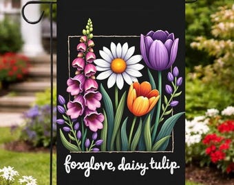 Bandera floral FDT con dedalera, margarita y tulipán, bandera de jardín de doble cara "Resiste el fascismo", pancarta liberal floral retro, decoración floral de primavera para jardín.