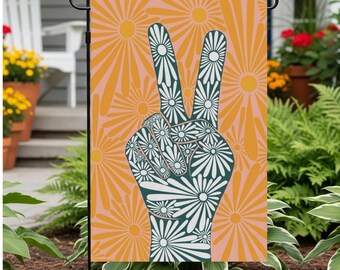 Bandera de jardín con símbolo de la paz y margaritas florales – Decoración retro para el jardín con flores, paz y amor