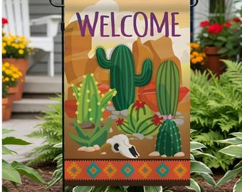 Bandera de bienvenida para jardín exterior con diseño de cactus del suroeste, bandera para patio, bandera de jardín con mensaje de bienvenida, bandera bohemia de cactus.