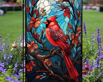 Bandera de jardín estilo vidriera con cardenal rojo, decoración exterior para amantes de las aves, bandera floral vintage con cardenal, arte natural para el jardín, idea de regalo conmemorativo.
