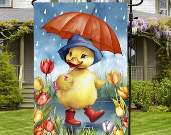 Bandera de jardín con patito lluvioso, bandera de bienvenida a la primavera, decoración de jardín para primavera, regalos para amantes de los animales, decoración de patio, bandera para amantes de los patos