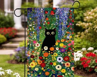 Bandera de jardín floral con diseño de gato primaveral, bandera decorativa para exteriores con flores para el patio.
