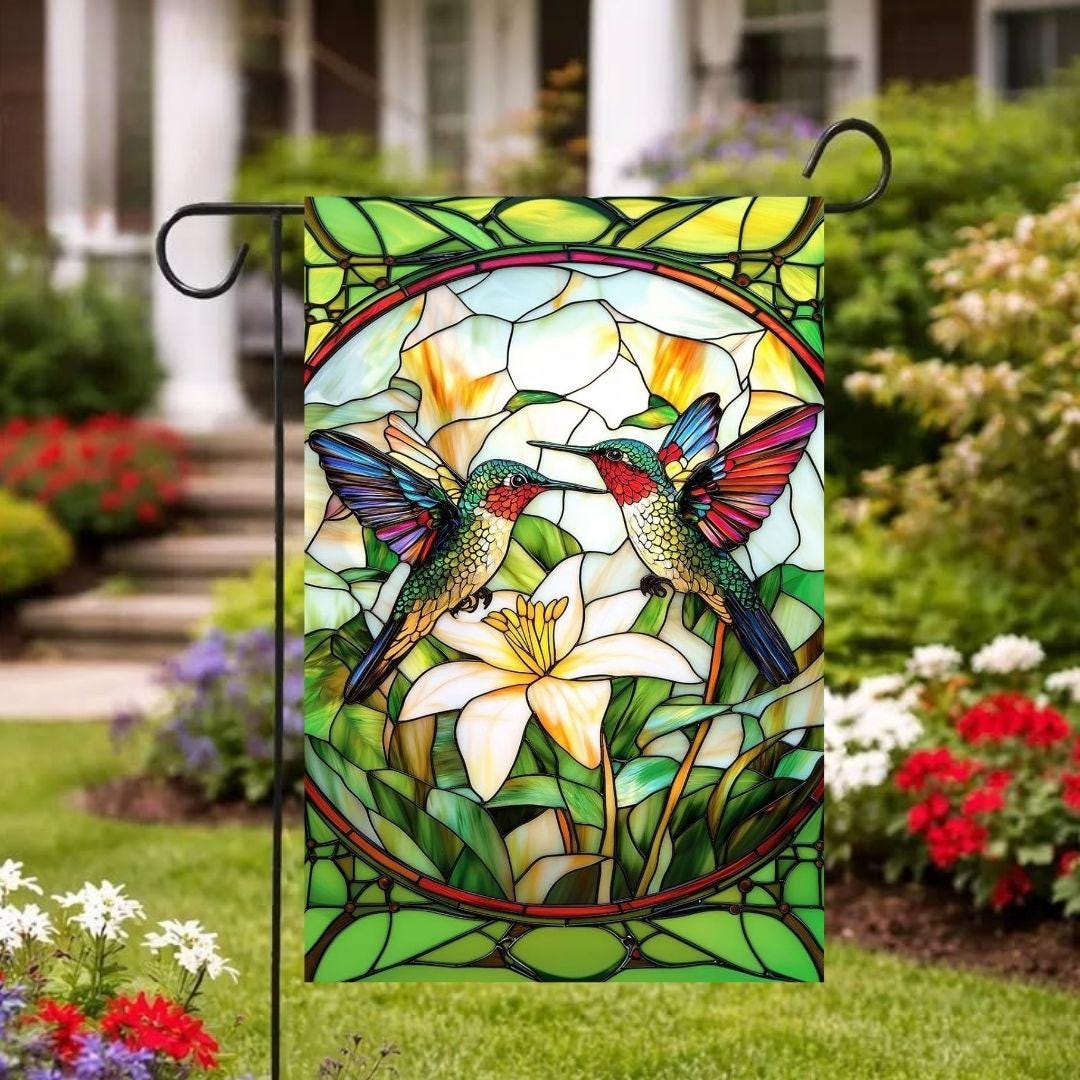 Stained Glass Hummingbird Garden Flag, Floral Spring Flag, Summer ...