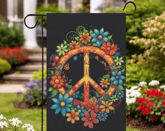 Bandera de jardín con símbolo de la paz floreciente de doble cara, bandera floral con símbolo de la paz, bandera de jardín de estilo bohemio para decoración de patios.