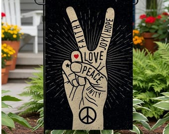 Bandera de jardín con los lemas Fe, Amor, Alegría, Esperanza, Paz y Unidad. Letreros decorativos inspiradores para el jardín o la casa.