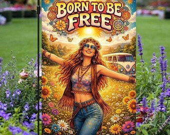 Bandera de jardín "Nacido para ser libre", bandera floral hippie bohemia, decoración retro de los años 70 con símbolo de la paz, bandera exterior con cita sobre la libertad, regalo de decoración vintage de verano para el jardín.