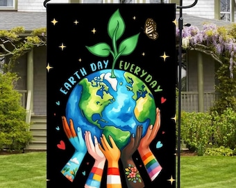 Bandera de jardín para el Día de la Tierra, estilo bohemio, con el lema "Paz, Amor y Bondad".