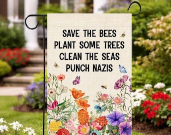 Bandera de jardín "Salva a las abejas, planta algunos árboles", bandera de jardín con plantas nativas florales, regalos divertidos para amantes de la naturaleza y entusiastas de los insectos.