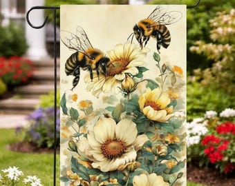 Bandera de bienvenida para jardín con abejas y flores, bandera de jardín con abejorros, decoración floral de primavera para jardín, decoración colorida para jardín con flores, bandera para porche exterior.