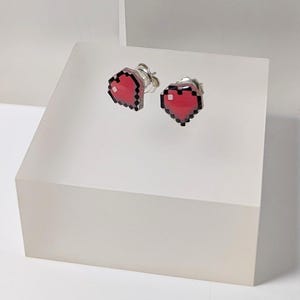 Pixel Heart Stud Earrings ~ Sterling Silver ~ Handmade Gamer Gift for Her on Valentines day