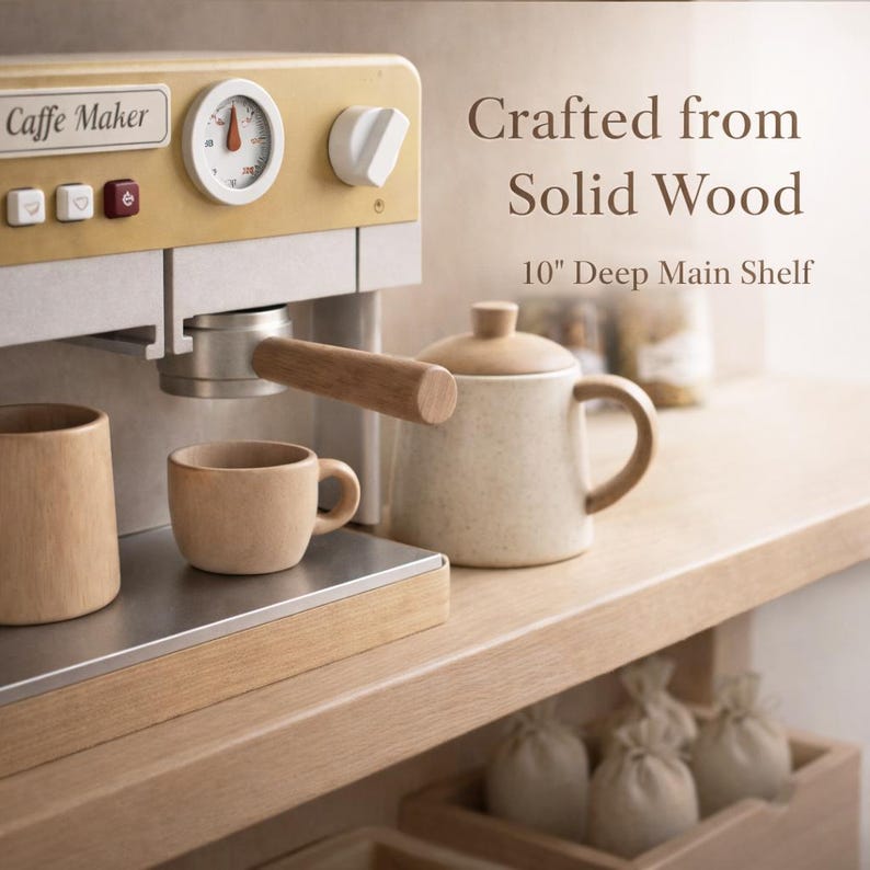 May include: A wooden toy espresso machine with a gauge, buttons, and a wooden handle. Includes a small cup, a tall cup, and a speckled ceramic pot with a lid. The text reads "Crafted from Solid Wood" and "10" Deep Main Shelf."