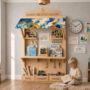 Montessori Wooden Kids Playhouse & Activity Station, Wall Mounted Pretend Play Set, Nordic Nursery Decor