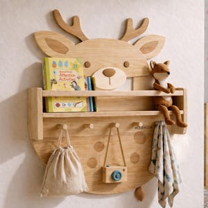 Safari Animal Wall Shelf with Hooks | Kids Room Decor | Nursery Bookshelf | Solid Scandinavian Pine | Nursery Organizer | Montessori Shelf