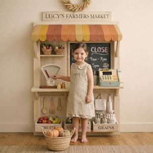 Wooden Grocery Store Pretend Play | Wall Mounted Playhouse | Montessori Market Stand