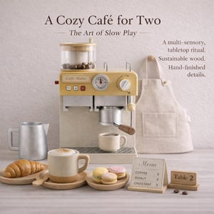 May include: A Cozy Caf&eacute; for Two play set. The image shows a toy espresso machine, a small pitcher, a croissant, a cappuccino, macarons, and a menu. The espresso machine is beige with a wooden handle. The menu reads "Coffee 2, Donut 2, Croissant 3."