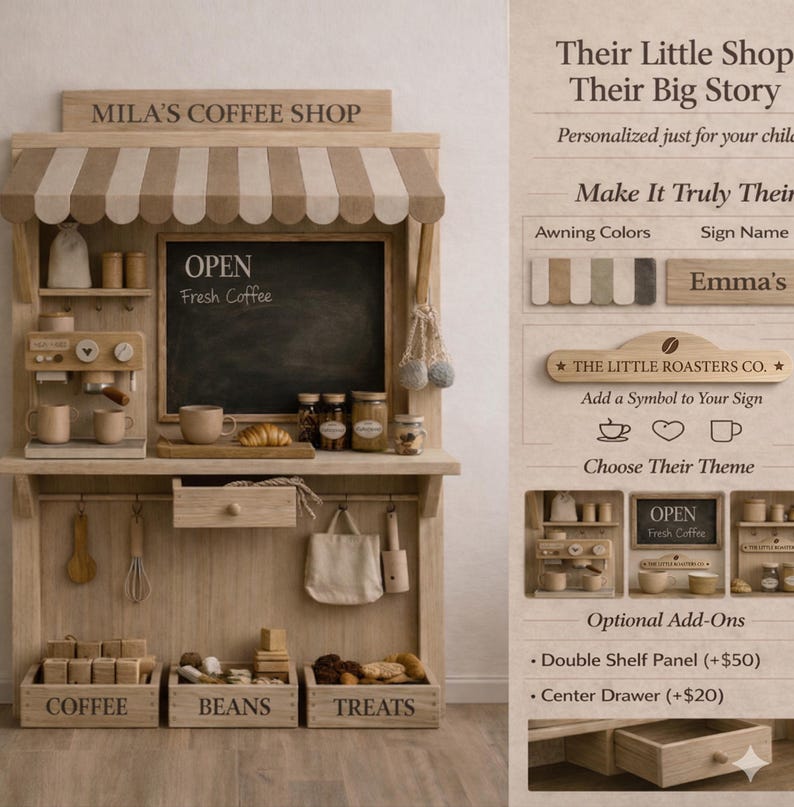 May include: Wooden play coffee shop with a striped awning, chalkboard sign that says "OPEN Fresh Coffee", and the text "MILA'S COFFEE SHOP". Includes coffee maker, cups, and wooden boxes labeled "COFFEE", "BEANS", and "TREATS".