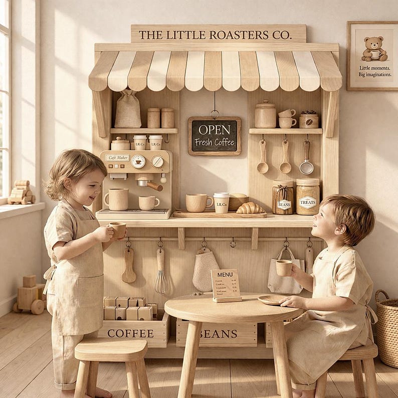 May include: A wooden play cafe set with the text "THE LITTLE ROASTERS CO." and "OPEN Fresh Coffee." The set includes a cafe maker, cups, and a small table. Two children are holding cups, playing in the cafe.