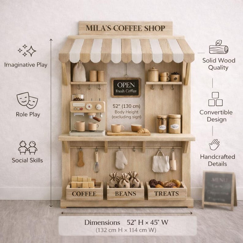 May include: Wooden play coffee shop with a striped awning, labeled "MILA'S COFFEE SHOP." Features include a coffee machine, cups, and storage for coffee, beans, and treats. Dimensions are 52" H x 45" W (132 cm H x 114 cm W).