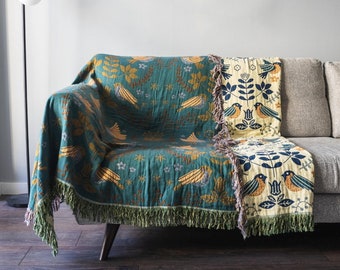 Reversible Bird 100% Soft Cotton Throw Blanket Scandinavian Inspired Woven Blanket New (Teal/Cream) | Sofa Blanket | Bed Throw Blanket