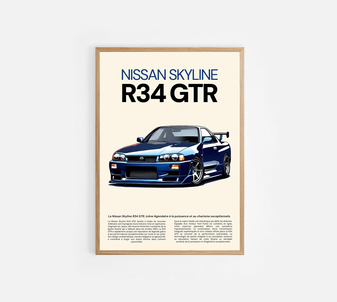 Nissan Skyline R34 GTR Minimalist Car Digital Poster. Decoration of