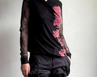 Black Kimono Top with Sheer Mesh Long Sleeve ʚɞ Asymmetric Draped Blouse ʚɞ Goth Romantic Style