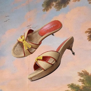 Prada Cute Cloggs ୨୧ 1950 Coquette Key West Kitten Style Straw Mules (EU 36)