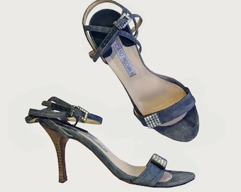 Y2K Vintage Denim High Heel Sandal ୨୧ Luciano Padovan Italian Luxury Rhinestone Heels ୨୧ Lace Up Kitten Heels (IT 37 US 6.5-7)