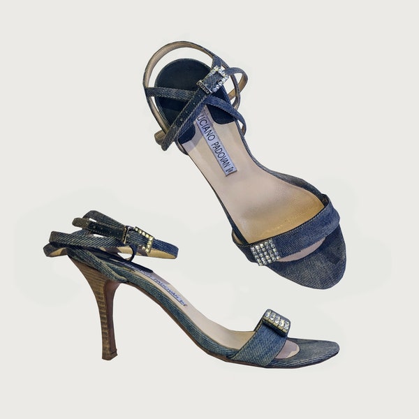 Y2K Vintage Denim High Heel Sandal ୨୧ Luciano Padovan Italian Luxury Rhinestone Heels ୨୧ Lace Up Kitten Heels (IT 37 US 6.5-7)