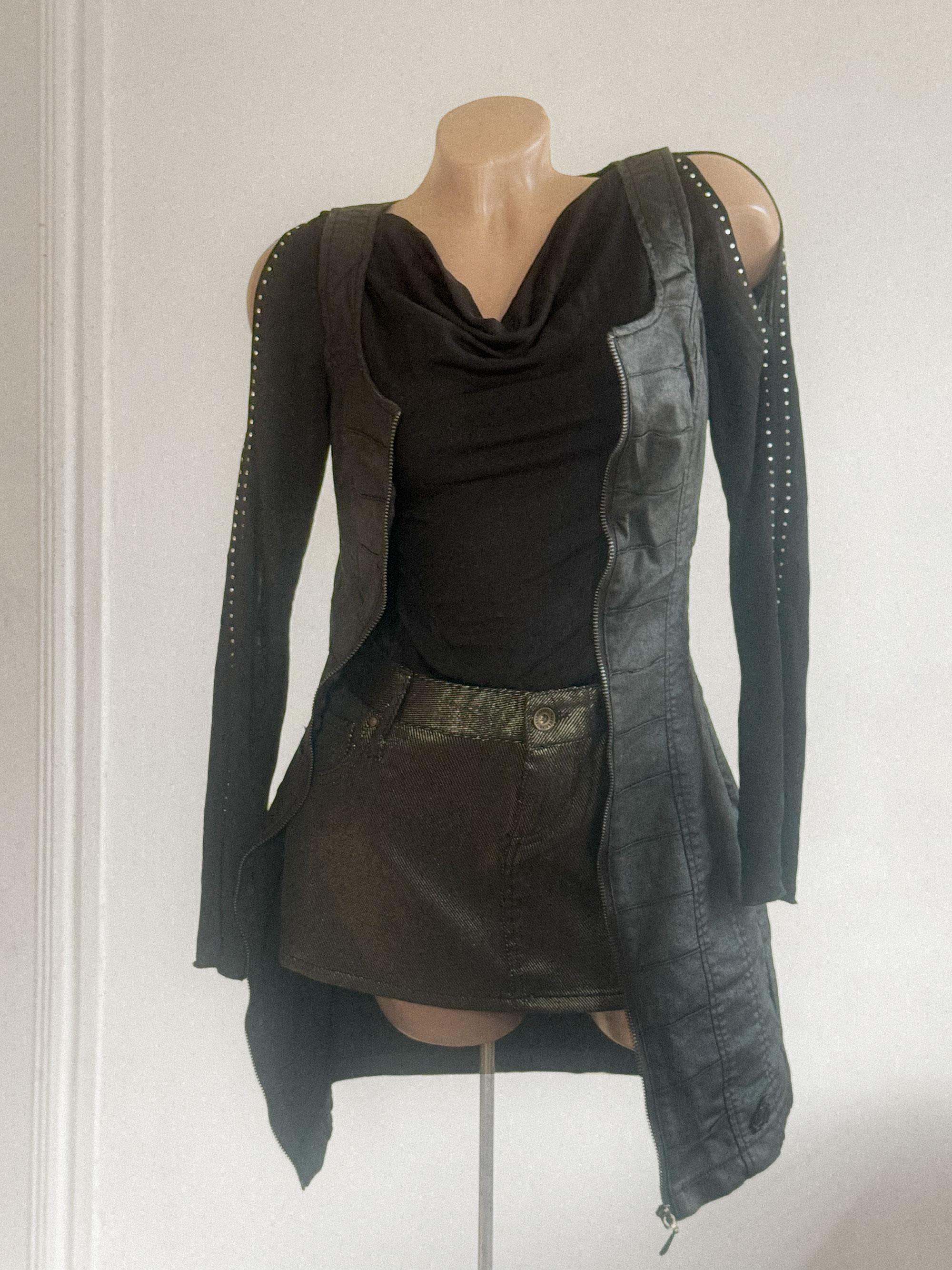 Italian Designer Black Mini Dress ୨୧ Y2K Fitted Denim Dress ୨୧ 2000s Vintage