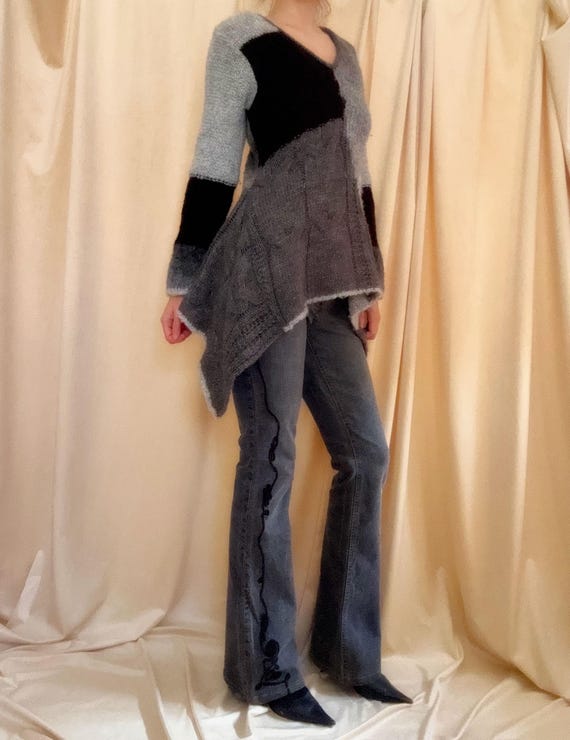 French Asymmetrical Patchwork Wool Sweater (Size … - image 6