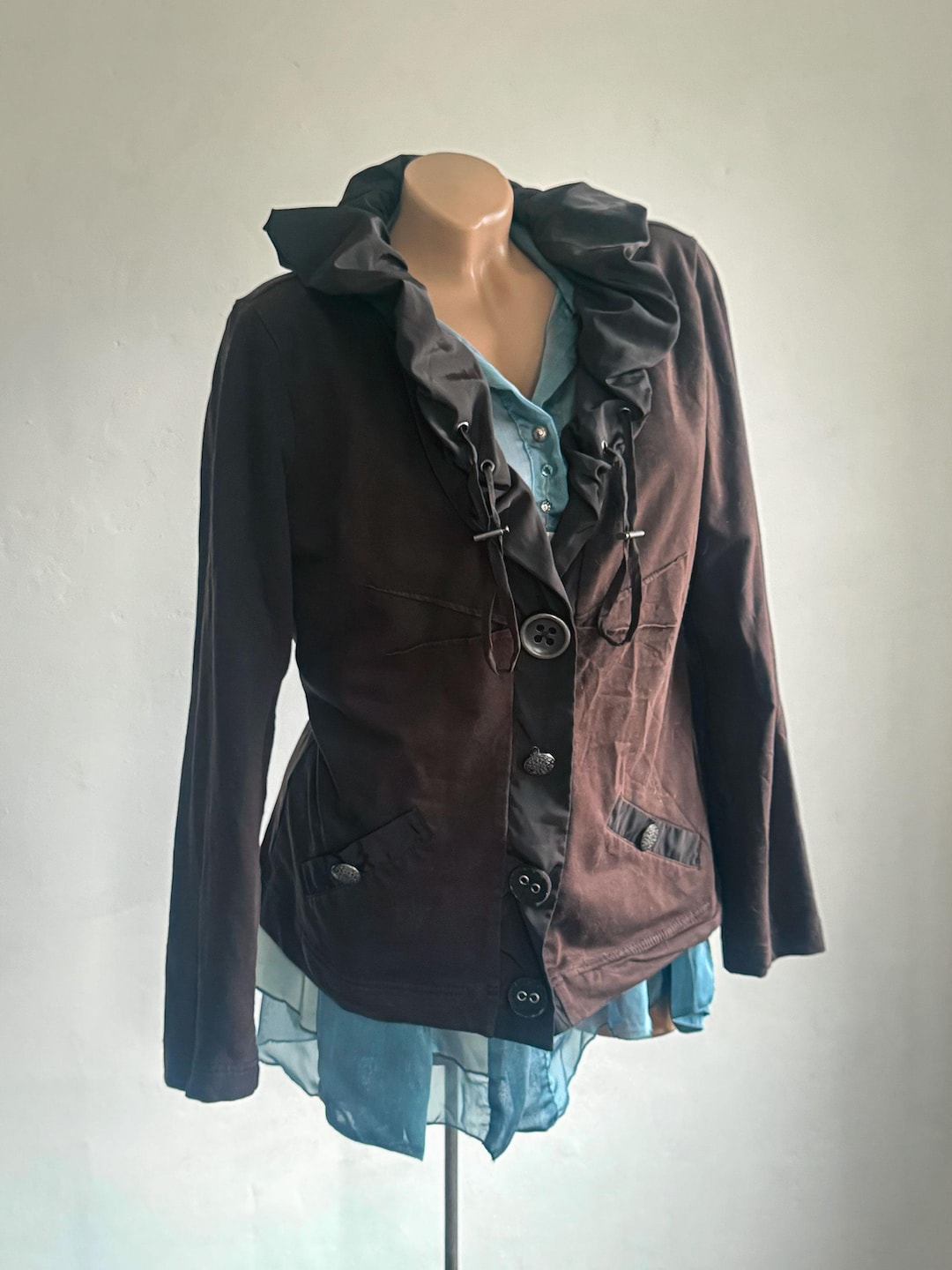 Winter Jacket Roffles Ruffle Collar Jacket in Dark Brown - Etsy