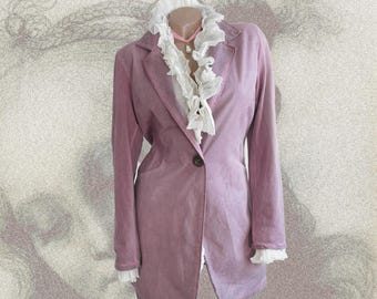 May include: A dusty rose colored blazer with a white ruffled collar and a single button closure.