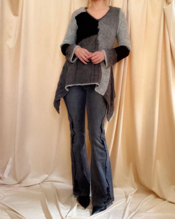 French Asymmetrical Patchwork Wool Sweater (Size … - image 3