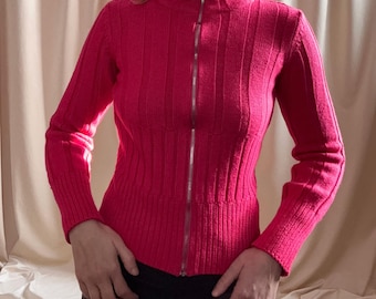 Cárdigan vintage de lana rosa con cremallera de Moschino / Hecho en Italia / Talla S / Deportivo, informal y glamuroso