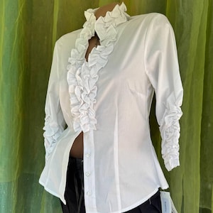 Romantic Ruffle Blouse, White Boho Shirt Top, Vintage Germany Size 38