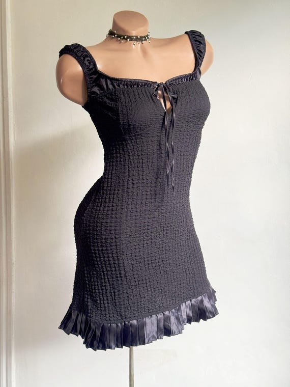 Black Shirred Ruched Mini Dress with Ruffle Hem and Bardot Top S-M Black Shirred Ruched Mini Dress with Ruffle Hem and Bardot Top S-M