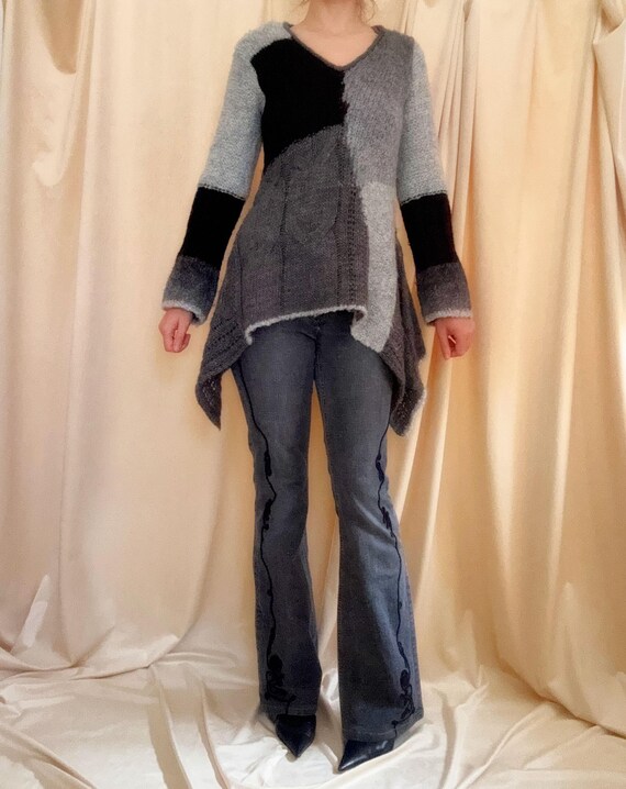 French Asymmetrical Patchwork Wool Sweater (Size … - image 8