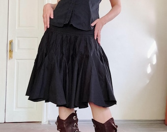 Gothic Boho Black Ruffle Skirt with Layered Silhouette (Size S)