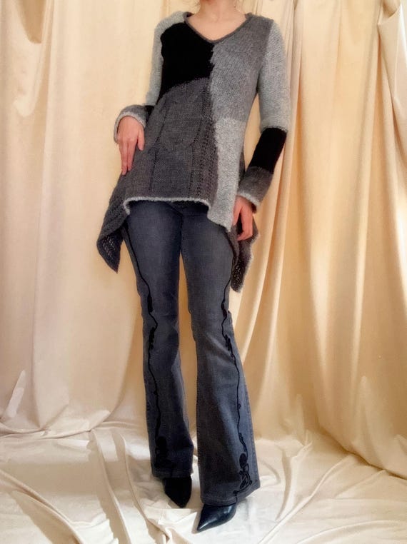 French Asymmetrical Patchwork Wool Sweater (Size … - image 2