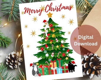 Funny Cat Christmas Tree Card, Digital Download, Printable Holiday Card, Cat Lover Gift, Cat Lovers Greeting Card Gift