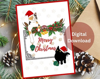 Funny Cat Merry Christmas Card Digital Download Printable Holiday Card, Cat Lover Gift, Cat Lovers Greeting Card Gift