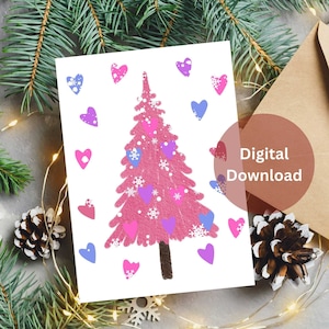 Rosa Weihnachtsbaum Karte digitaler Download, druckbare Weihnachtskarte, druckbare Weihnachtskarte, Weihnachtsbaum Herz Ornamente digitale Karte