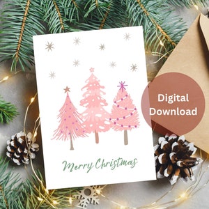 Rosa Weihnachtsbaum Karte digitaler Download, druckbare Feiertagskarte, bedruckbare Weihnachtsbaumkarte, frohe Weihnachten digitale Karte