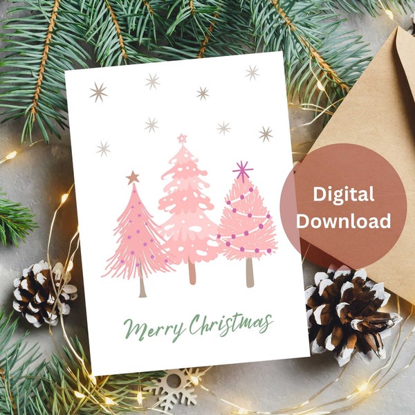 Pink Christmas Tree Card Digital Download, Printable Holiday Card, Christmas Tree Card Printable, Merry Christmas Digital Card