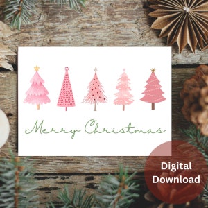 Pink Christmas Tree Card Digital Download, Printable Holiday Card, Christmas Tree Card Printable, Merry Christmas Digital Card