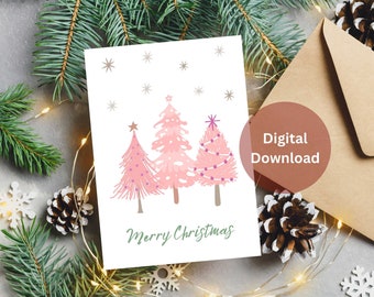 Pink Christmas Tree Card Digital Download, Printable Holiday Card, Christmas Tree Card Printable, Merry Christmas Digital Card
